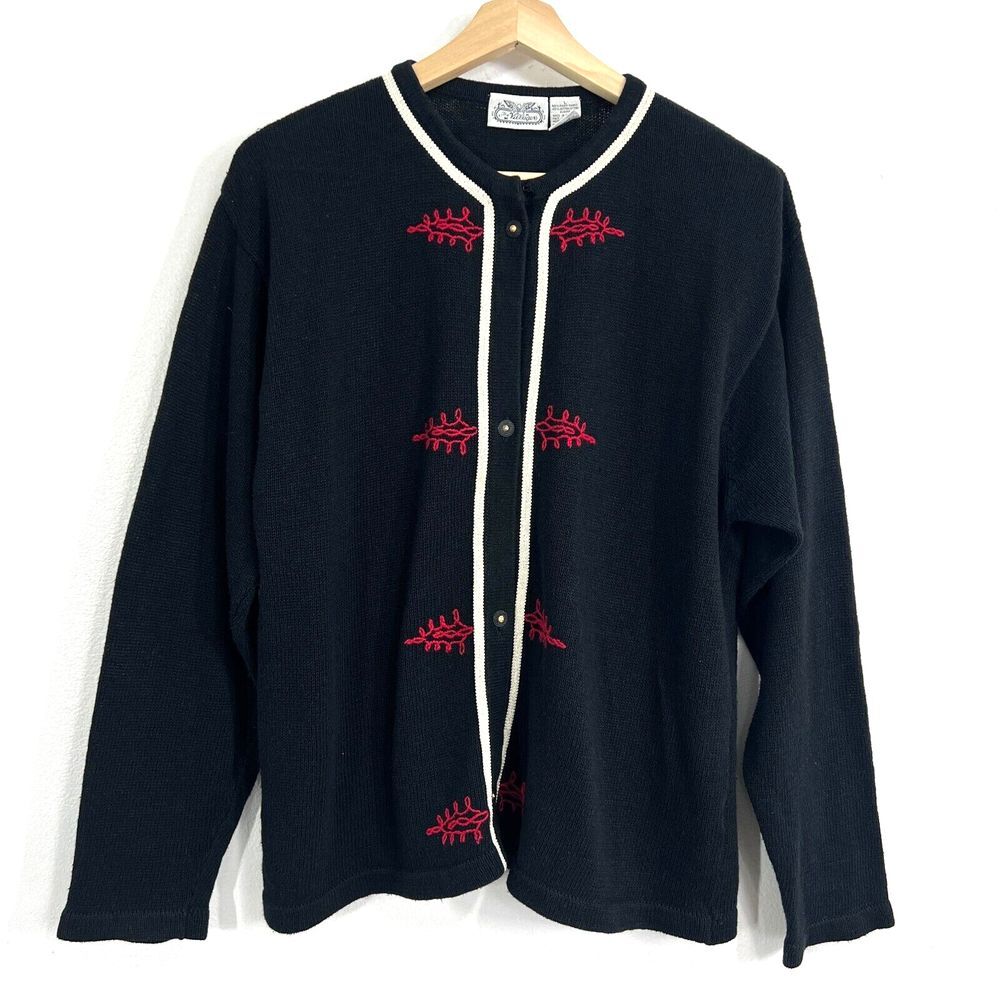 Vintage The Villager Cardigan Womens Large Ramie Bland Leaf Embroidered‎ Classic